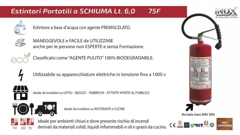 ESTINTORE SCHIUMA 6,0 LITRI 75F  INOX
